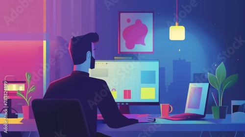 A man attending an online meeting at home during the COVID-19 outbreak, flat style illustration on a blue background
