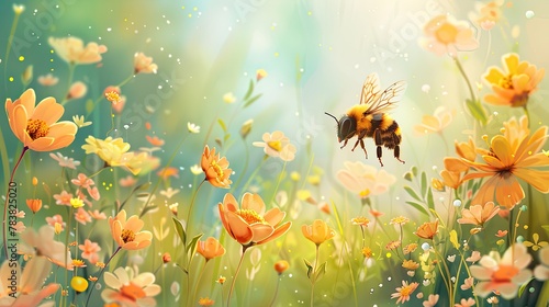 banner background National Gardening Day theme  and wide copy space  A cheerful cartoon bee buzzing around colorful flowers in a garden