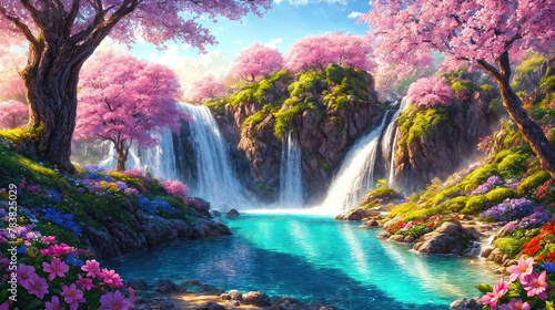 A beautiful paradise land full of flowers,  sakura trees, rivers and waterfalls, a blooming and magical idyllic Eden garden © Cobalt
