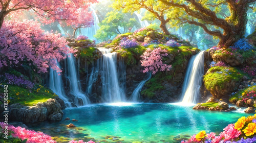 A beautiful paradise land full of flowers, sakura trees, rivers and waterfalls, a blooming and magical idyllic Eden garden