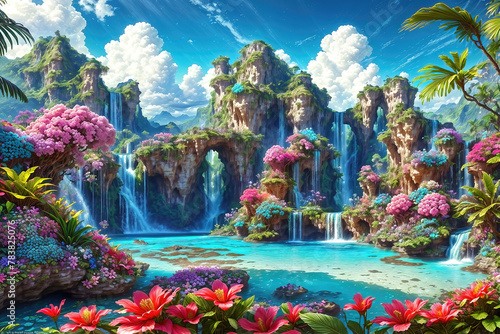 A beautiful paradise land full of flowers, rivers and waterfalls, a blooming and magical idyllic Eden garden.