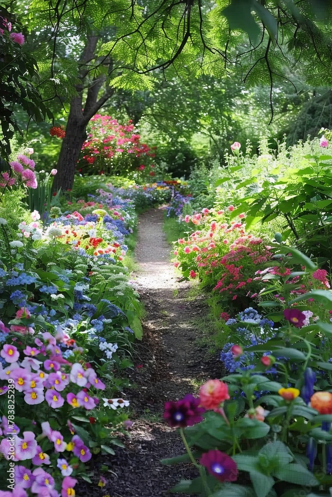 Floral trail through lush garden creating a picturesque scene of natural splendor