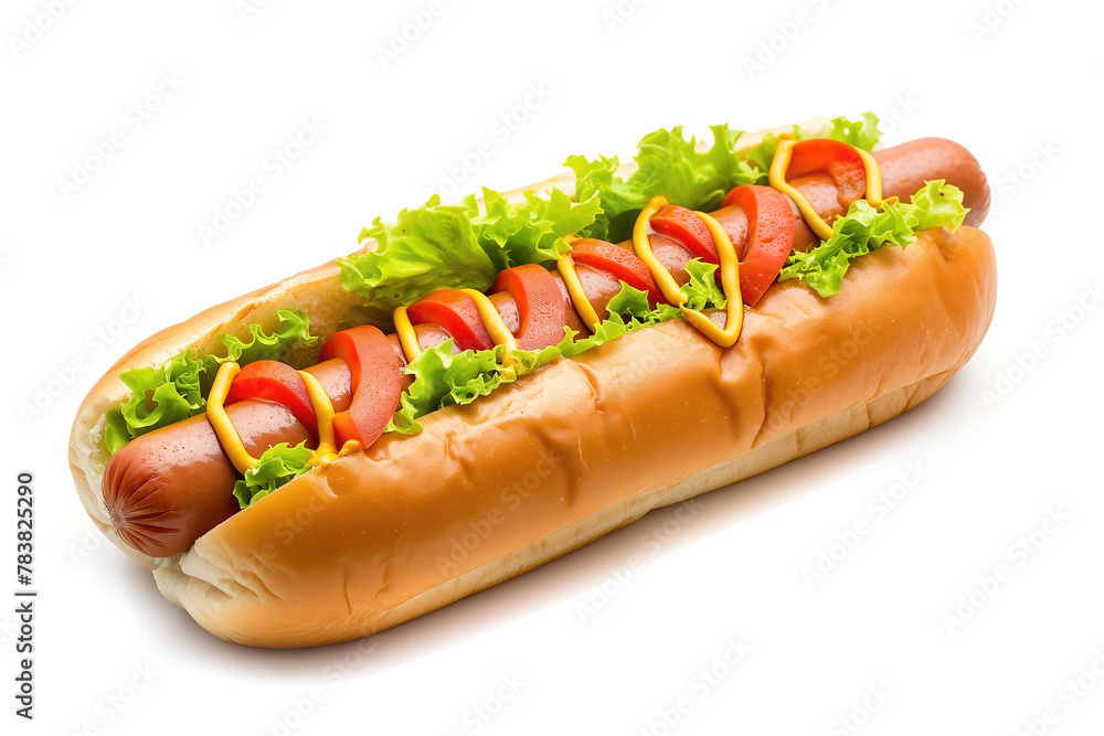 Hot dog with ketchup and mustard, isolated on white background Hot dog with ketchup and mustard, isolated on white background