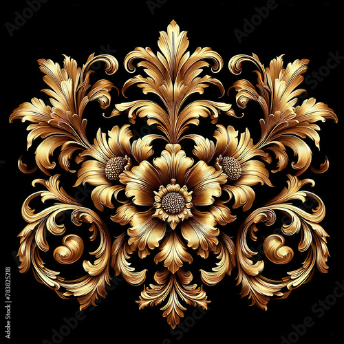 Gold flowers isolated on black, abstract floral background with metal golden flowers ornaments.