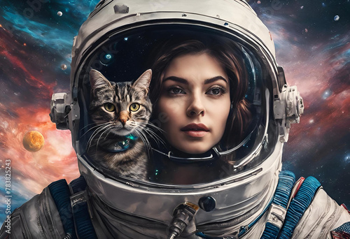 Portrait of young woman and a cat that is an astronaut captaining space shuttle, To help explore flight paths in space