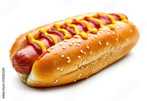 Hot dog with ketchup and mustard, isolated on white background