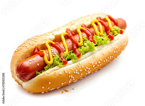 Hot dog with ketchup and mustard, isolated on white background © Cobalt