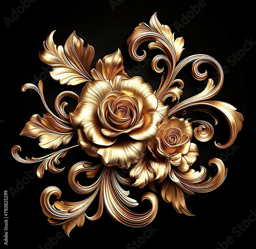 Gold roses flowers isolated on black, abstract floral background with metal golden flowers ornaments. © Cobalt