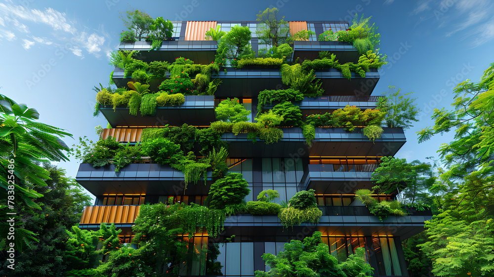 Sustainable High-Rise with Lush Green Balconies and Blue Sky, Generative AI