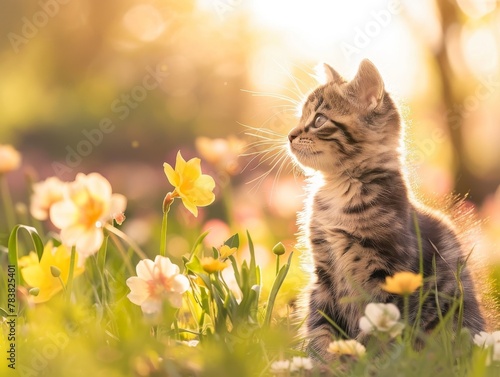 Young Tabby Kitten Admires the Beauty of Spring Amongst Tulips, Exemplifying Curiosity