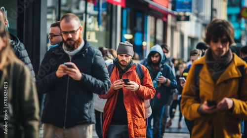 European busy street people with phones. Pedestrians on a bustling street focused on their phones, with blurred city life in the background photo