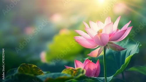 Lotus flower stands tall  its petals aglow with the warm backlight of the setting sun over a serene pond