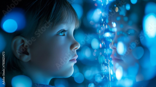 young child is captivated by glowing digital displays, reflecting modern technologys impact photo