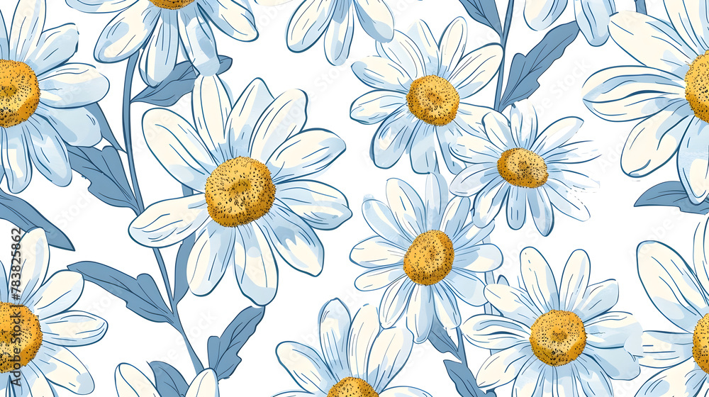 Hand-Drawn Blue and White Daisy Pattern with Golden Centers on White Background - Seamless Hand-Drawn Blue and White Daisy Pattern with Golden Centers on White Background - Seamless