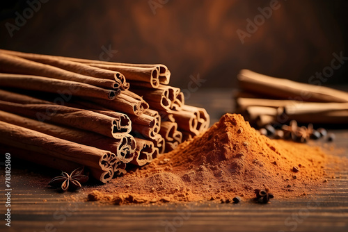 Cinnamon sticks, ground spices, and anise stars create a warm, aromatic display against a rustic backdrop