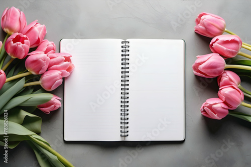 An arrangement of perfect pink tulips laying beside an open notebook with empty pages on a grey background, capturing the minimalism and elegance