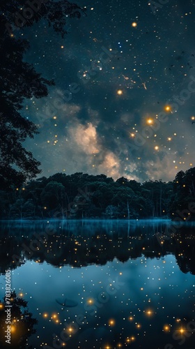 Tranquil lake mirroring a luminous night sky sprinkled with stars and delicate fireflies, creating a surreal vista
