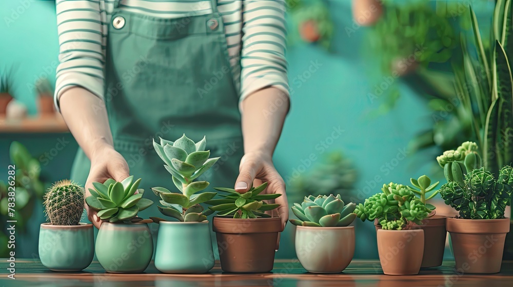 banner background National Gardening Day theme, and wide copy space, A gardener carefully arranging succulents and cacti in decorative pots, highlighting the popularity of indoor gardening, banner background National Gardening Day theme, and wide copy space, A gardener carefully arranging succulents and cacti in decorative pots, highlighting the popularity of indoor gardening,