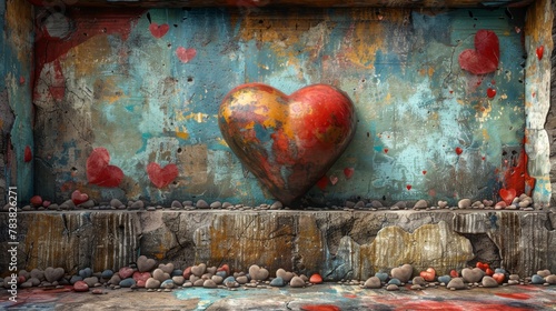  A heart painting on a building's side, surrounded by rocks below and a wall behind