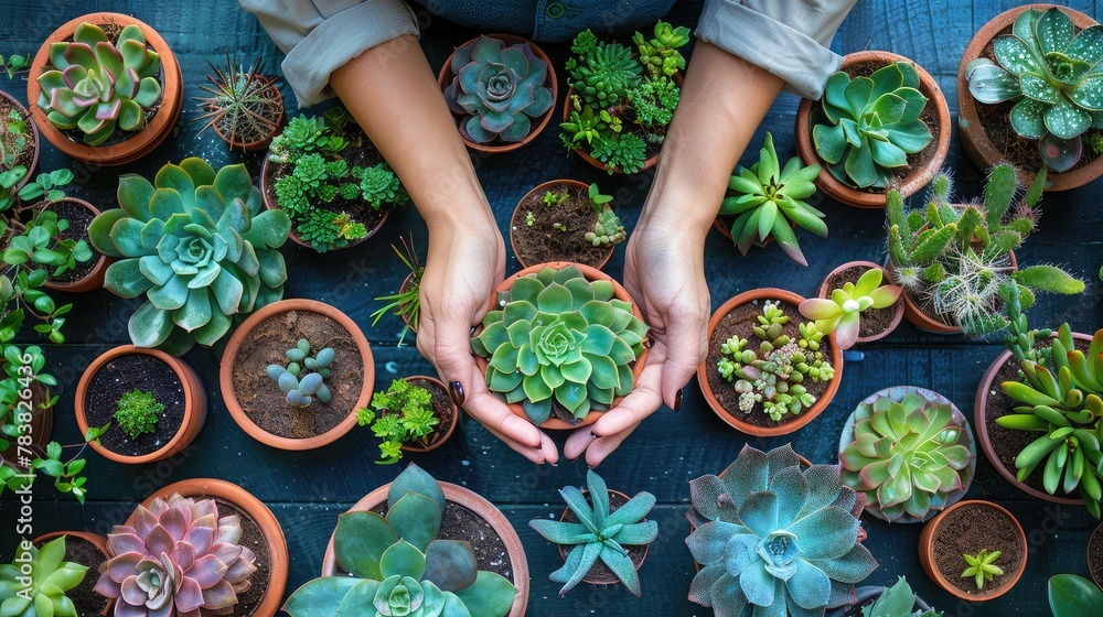 banner background National Gardening Day theme, and wide copy space, A gardener carefully arranging succulents and cacti in decorative pots, highlighting the popularity of indoor gardening