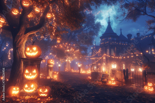 Magical Halloween Setting with Carved Pumpkins and Enchanted Castle