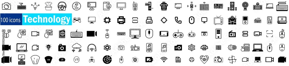 Technology icon set. 100 Information Technology icons isolated on white background. network security, search, internet, ecommerce, social media, computer. Big set Icons collection