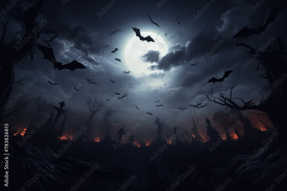 Apocalyptic Vision of a Foreboding Sky with Bats Over a Blazing Forest Inferno