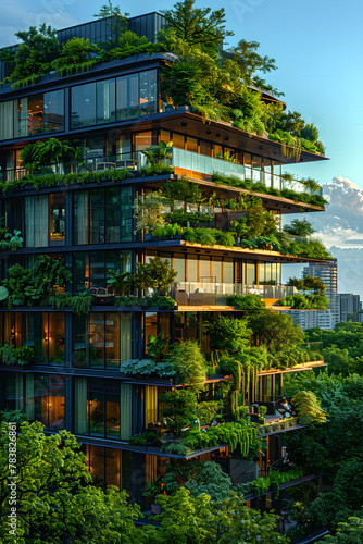 Twilight Serenity at Eco-Friendly Urban Residential Building  Generative AI