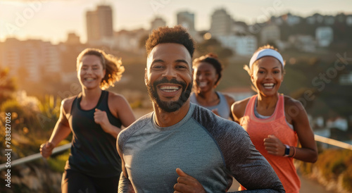 A group of friends smiling and running together in the city, wearing athletic wear for fitness.