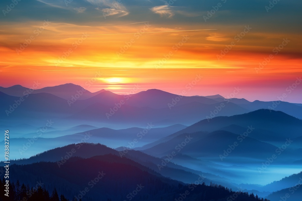 Sunrise over misty mountains with vibrant colors blending into the dawn sky.