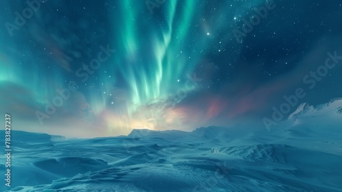 Aurora Borealis illuminating the arctic sky over a frosty and silent snowscape © Saranpong