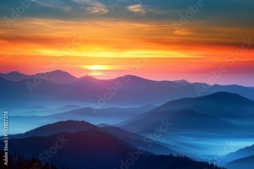 Sunrise over misty mountains with vibrant colors blending into the dawn sky.