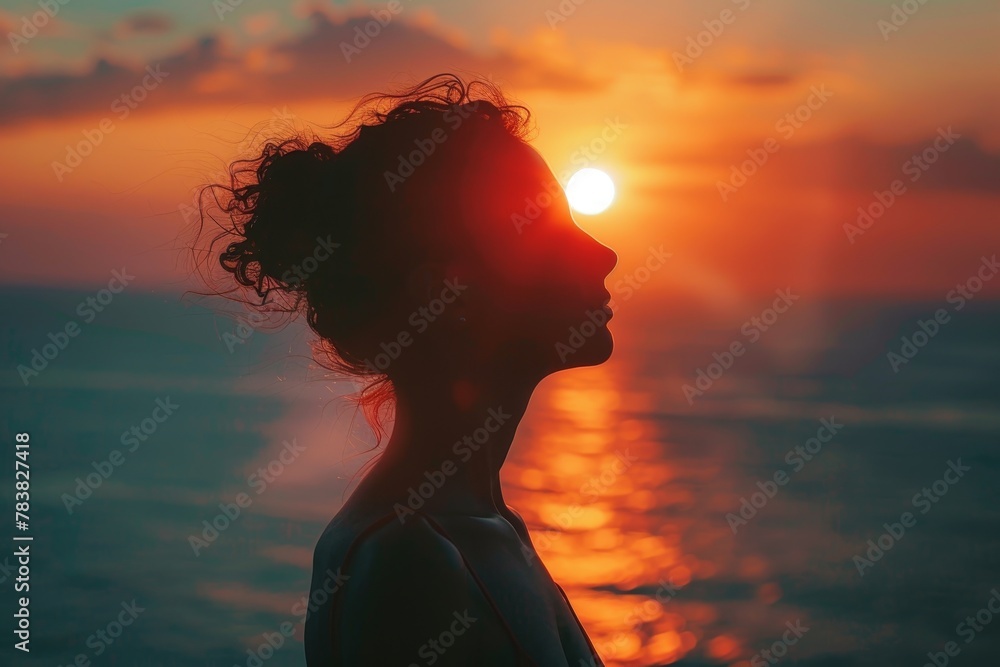 The setting sun casts a warm glow on a woman's face as she looks out at the ocean.
