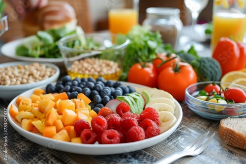 A table full of healthy food including fruits  vegetables  and grains.
