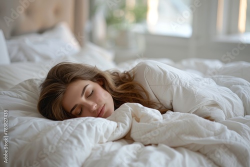 A photo of a beautiful young woman sleeping soundly under a white blanket.