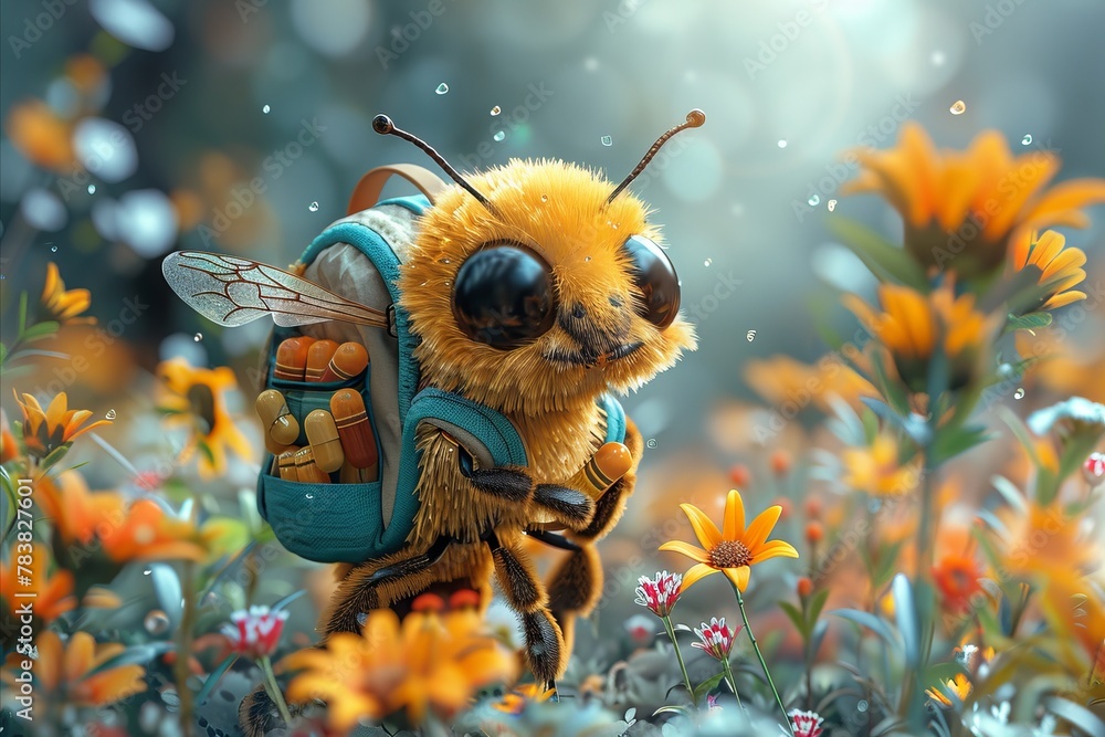 A charming cartoon bee with a backpack full of vitamins flits around a vibrant garden, symbolizing the role of vitamins in boosting immunity - obrazy, fototapety, plakaty 