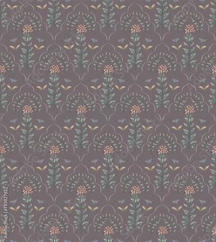 Seamless vector botanical pattern. Damask diamond design. Flowers, branches, leaves. Boho style.