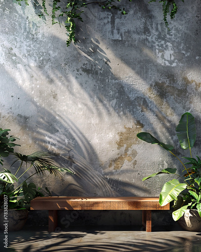 Wooden display, concrete backdrop, indoor plants, soft shadows, urban jungle , advertise photo