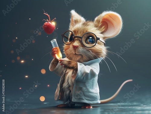 Adorable cartoon mouse scientist examining a heart, symbolizing the pursuit of knowledge in human biology for enhanced health photo