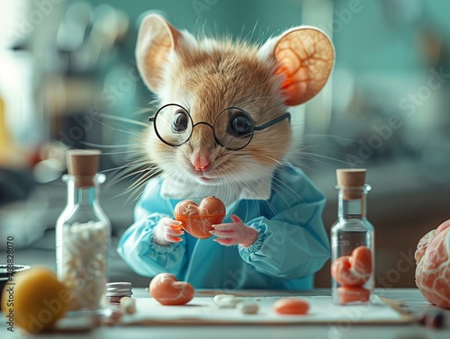 Adorable cartoon mouse scientist examining a heart, symbolizing the pursuit of knowledge in human biology for enhanced health photo