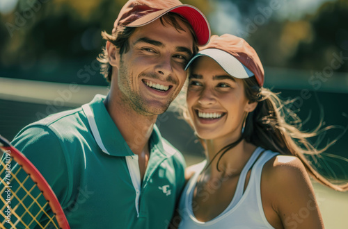 A happy young couple in sportswear, holding tennis rackets and smiling at each other on the court of an outdoor tennis club