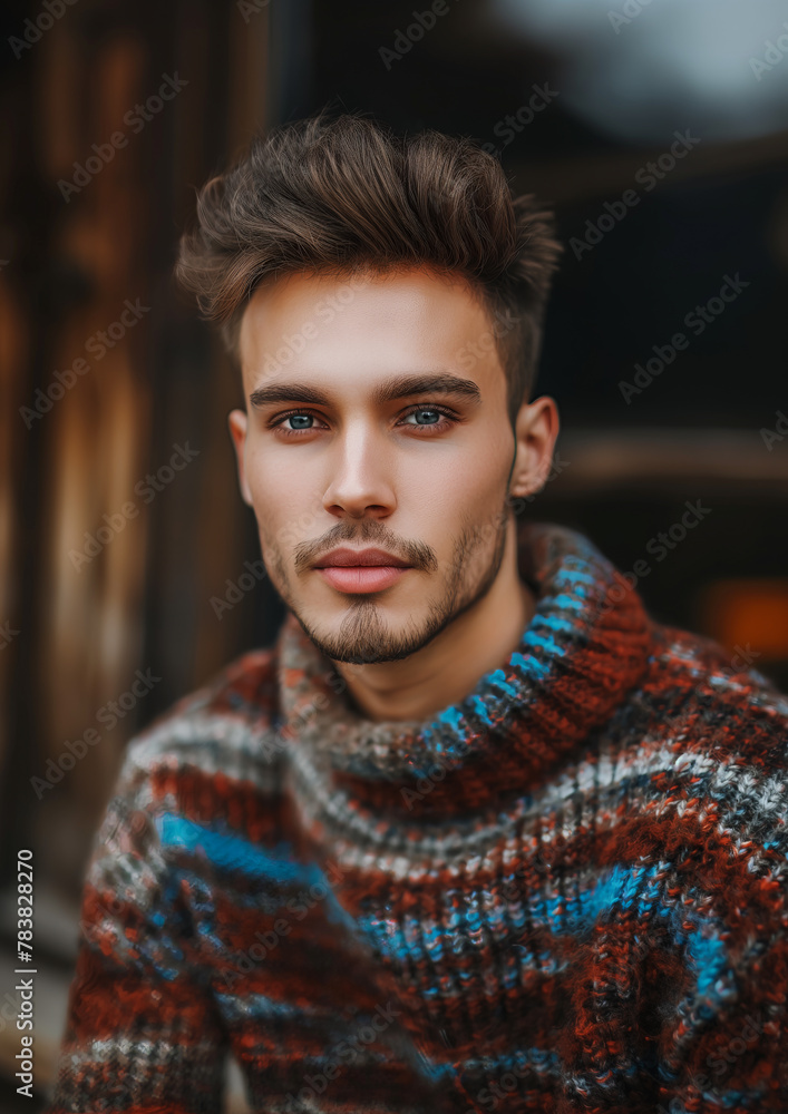 A handsome international model showcasing high neck woolen sweater for a fashion campaign A handsome international model showcasing high neck woolen sweater for a fashion campaign