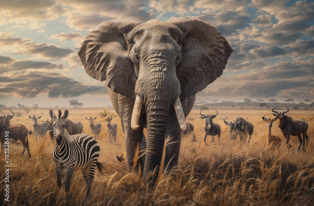 Obraz premium An elephant is surrounded by zebras and antelope in the Serengeti National Park, emerges from its majestic barbaric against an expansive savannah backdrop