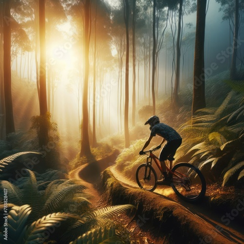 a man rides a bike through a forest with the sun shining through the trees