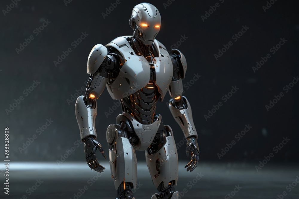 Robotic character, robot walking with arms down and glowing eyes