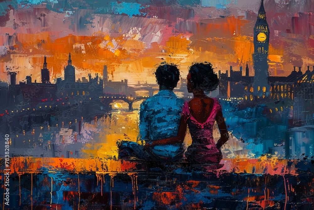 Punkprint of African American Couple in Jamaica skyline over looking London