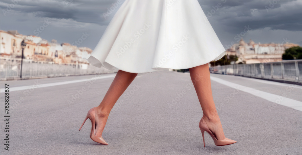 woman walking on the street a woman in a white dress is jumping on a road with a white skirt. woman walking on the street a woman in a white dress is jumping on a road with a white skirt.