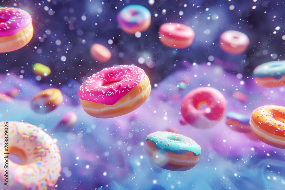 National Donut Day concept. Enchanting donut galaxy where colorful donuts float in a starry space, bringing a sense of wonder and deliciousness.