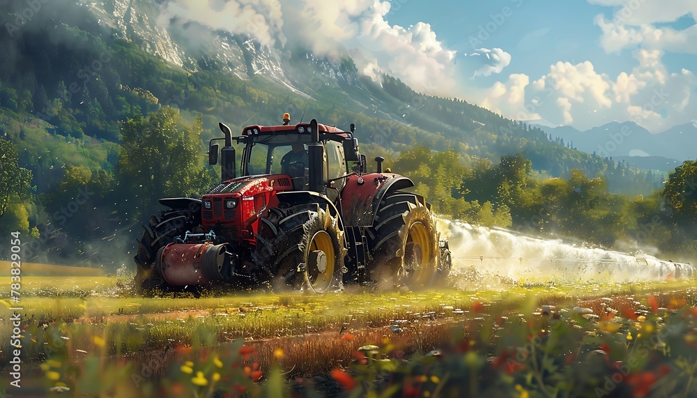 Fototapeta premium dynamic scene of an irrigation tractor in action, driving through lush fields and spraying water or fertilizer