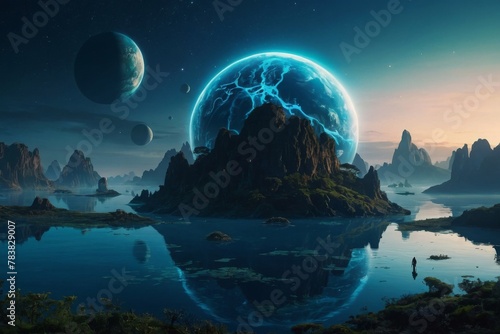 A mystical, magical planet with floating islands and glowing